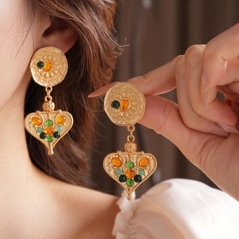 Orecchini Pendenti Vintage Lega Resina Cuore Colorato Fiore Con Perno In Argento Retro Etnico Per Donne