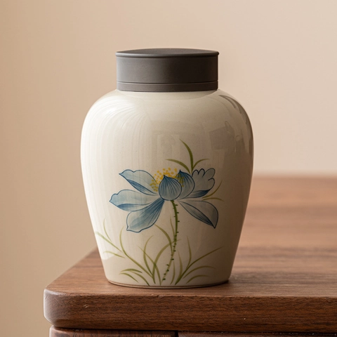 Ceramic Tea Caddy Airtight Storage Jar Porcelain Ash Glaze Aluminum Alloy Lid Hand Painted Blue Lotus Vintage Chinese Style