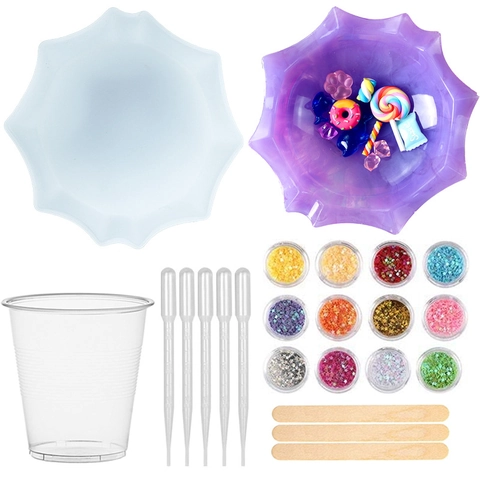 Decagonal Plate Silicone Mold For DIY Resin Casting With Star Sequins Mixing Cups And Stir Sticks Crafting Tools