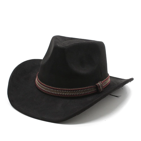 Vintage Western Cowboy Hat Suede Wide Brim Fedora Ethnic Woven Band Jazz Cap For Men Women Performance Retro