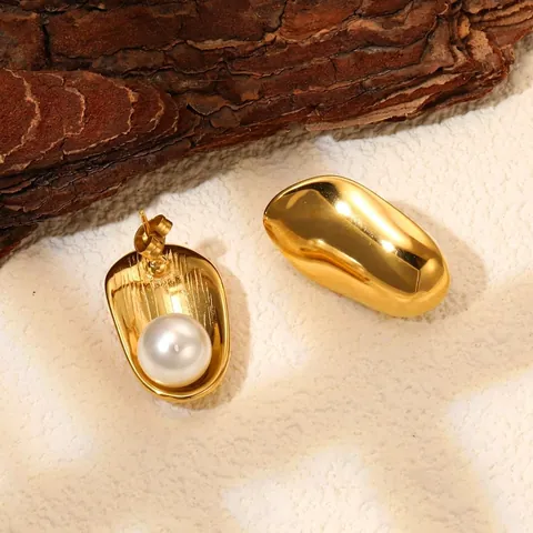 Pendientes de Botón de Perlas de Acero Inoxidable Irregulares Geométricos para Mujer Chapados en Oro 18K Joyería de Moda Minimalista