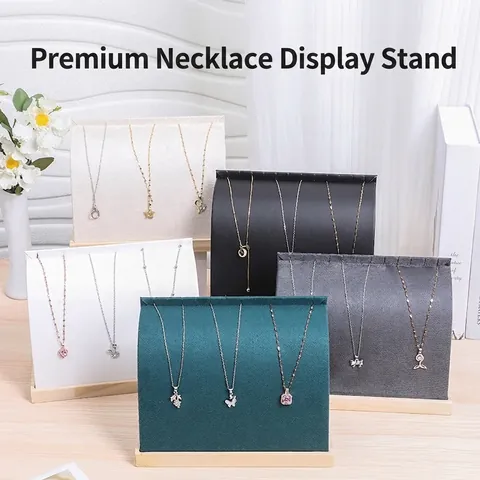 Necklace Display Stand Solid Wood Base Velvet PU Leather Curved Slanted Jewelry Organizer Desktop Holder
