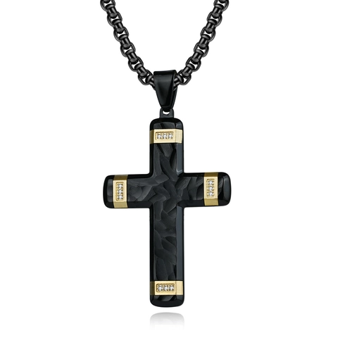 Collar de Colgante de Cruz de Acero Inoxidable para Hombre Textura de Fibra de Carbono Bicolor Strass Incrustado Joyería Punk Retro