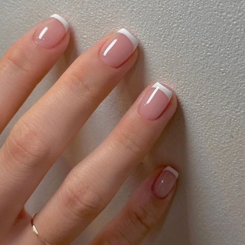Press On Nails French Style Short Square Pink And White Glossy False Nails For Women Daily Wear Detachable