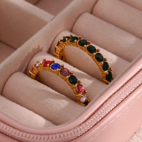 Fashion Stainless Steel Eternity Ring Gold Plated Colorful Green Zirconia Inlaid Minimalist Inlaid Band Ring Women Jewelry