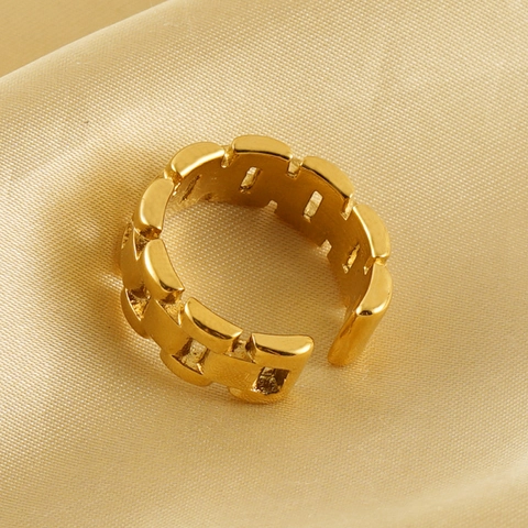 Geometric Tank Chain Ring 18K Gold Plated Stainless Steel Adjustable Open Band Industrial Style Fashion Jewelry