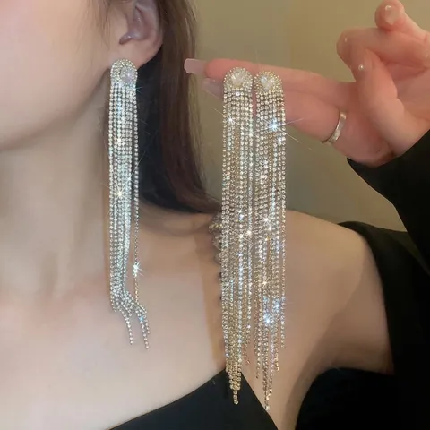 Orecchini Lunghi A Nappine Con Zircone Ovale E Strass Base In Rame Perno In Argento Lusso Per Donna Festa