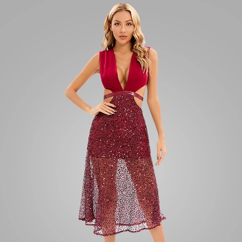 Burgunderrotes Pailletten Abendkleid Tiefer V-Ausschnitt Ärmellos Taillenausschnitt Sexy Midi Partykleid Für Damen