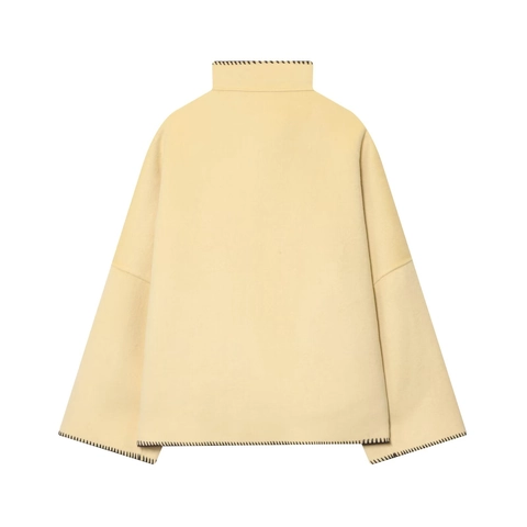 Damen Hochkragen Überwendlichstich Wollähnliche Jacke Einreihig Kontrastnähte Langarm Herbst Mode Oberbekleidung Mantel