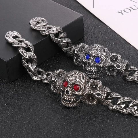 Bracciale Punk Teschio Da Uomo Acciaio Inossidabile Motivo Intagliato Retro Occhi In Pietra Preziosa Rossi Blu