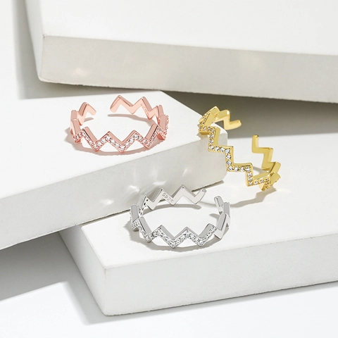 S925 Sterling Silver Wave Zirconia Ring For Women Simple Fashion Geometric EKG Heartbeat Ripple Adjustable Open Finger Ring Jewelry