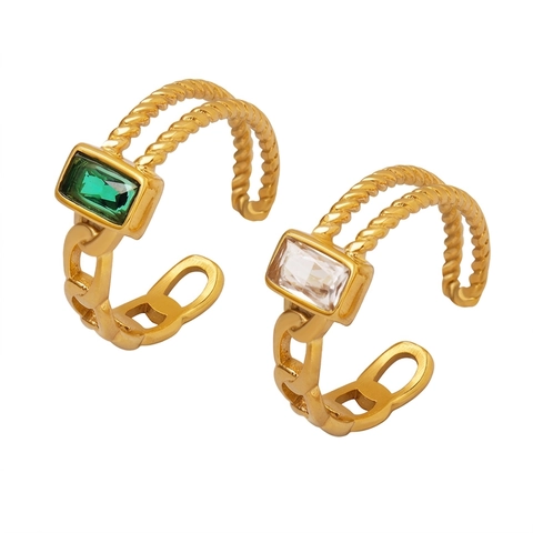 Rectangular Zircon Adjustable Open Ring Titanium Steel Gold Plated Twisted Rope Chain Retro Vintage Elegant For Women