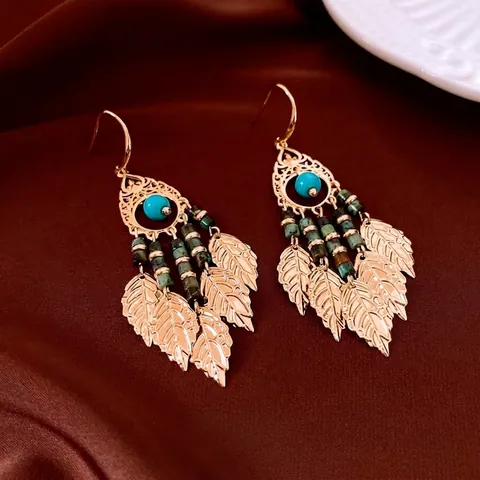 Böhmische Tropfenohrringe Türkis Stein Kupfer Blattanhänger Mit 925 Sterling Silber Ohrstecker Vintage Ethnischer Schmuck