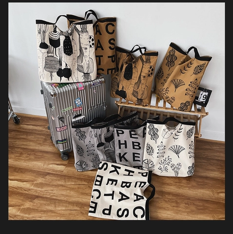 Borsa Tote In Tela Di Grande Capacità Borsa A Mano In Cotone Stile Ins Coreano Lettere Stampa Vegetale Donna
