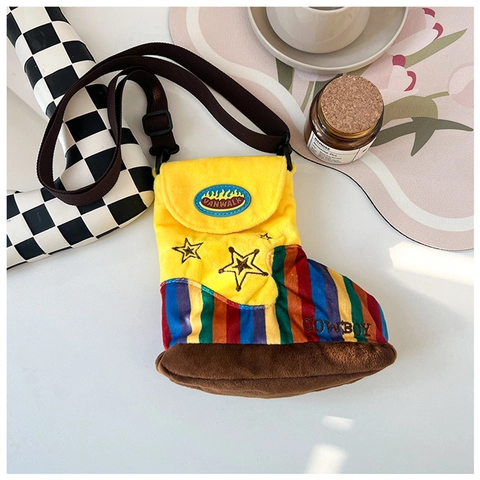 Creatieve Laarsvorm Crossbodytas Wollen Stof Cowboy Stijl Ster Borduursel Dames Splicing Kleine Schoudertas Streetwear