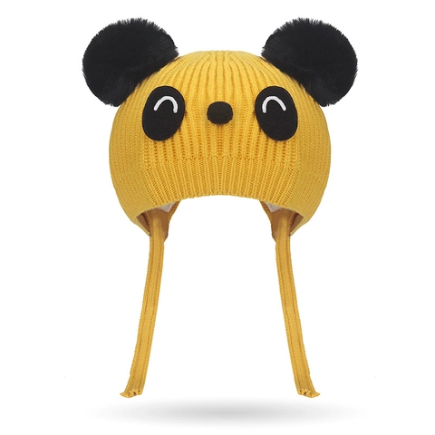 Baby Kinder Winter Warme Gebreide Muts Schattige Cartoon Panda Oorbescherming Beanie Met Pompons Zachte Core-spun Muts Voor Peuters