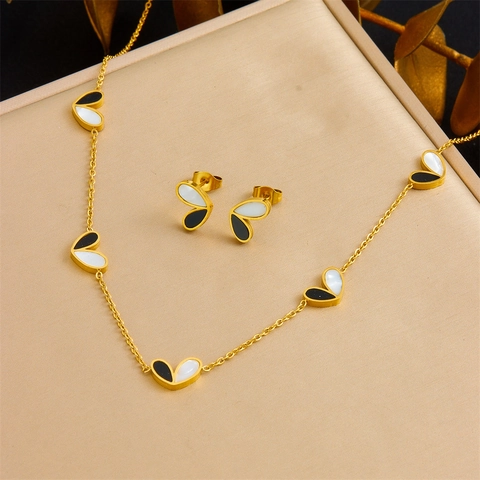 Edelstahl Schmuck Für Damen Gold Beschichtet Schwarz Weiß Herz Kette Armband Ohrstecker Minimalistisch Mode