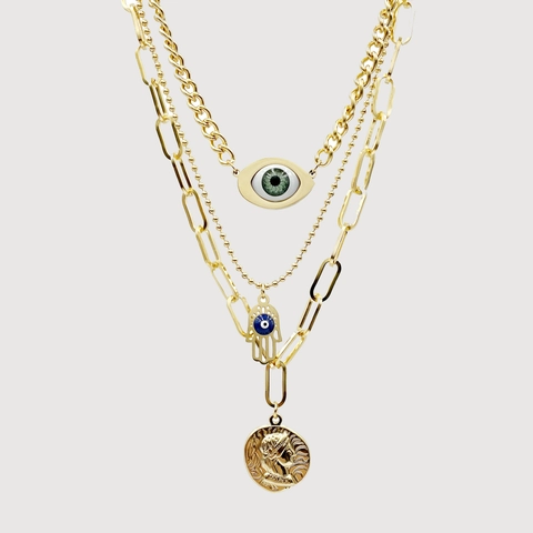 Layered Halskette Evil Eye Hamsa Hand Münze Edelstahl Emaille Böhmischer Vintage Vergoldeter Schmuck Damen