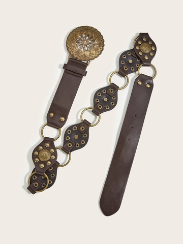 Women Retro Bohemian Belt Faux Leather Metal Round Hollow Carved Buckle Wide Waist Strap Rivet Patchwork Y2K Western Style