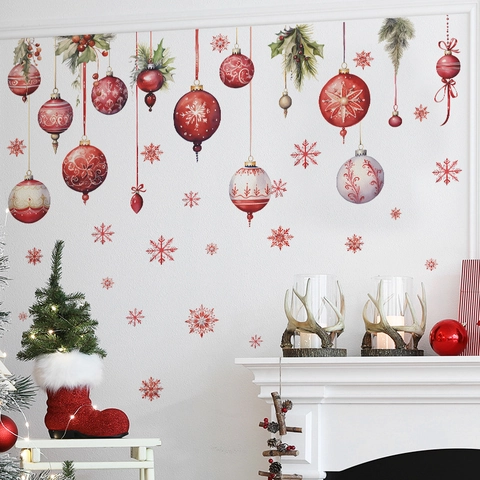 Pegatinas De Pared De Copos De Nieve Y Bolas De Navidad Calcomanía Decorativa De PVC Para Dormitorio Sala De Estar Hogar Navidad
