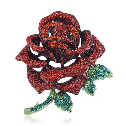 Elegant Rose Flower Brooch Pin Alloy Full Rhinestone Luxury Vintage Suit Dress Accessory For Women