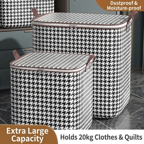 Houndstooth Storage Bag Non-Woven Fabric Dustproof Large Capacity Quilt Clothing Organizer With Handle Double Zipper Bedroom Home