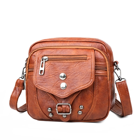 Borsa A Tracolla In Pelle PU Vintage Per Donna Multitasche Con Cerniera Borsa A Spalla Con Rivetti Decor Retro