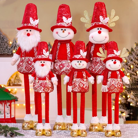 Figurine De Poupée Télescopique De Noël Père Noël Bonhomme De Neige Renne Longues Jambes Peluche Paillettes