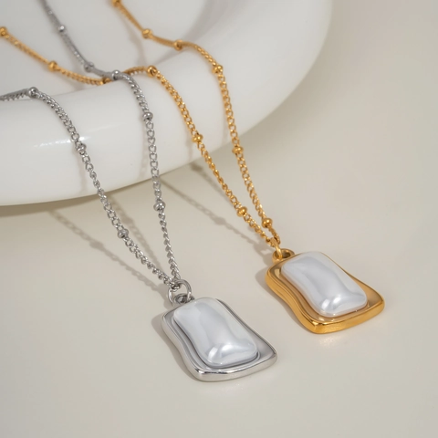 Stainless Steel Gold Plated Necklace Irregular Square Shell Artificial Pearl Pendant Vintage French Style Waterproof Jewelry For Women