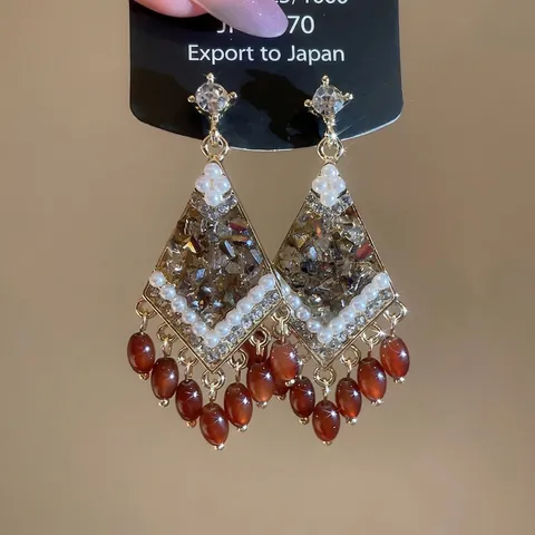 Pendientes Colgantes Rombo Borla Aleación Perla Artificial Imitación Cristal Vintage Lujo Con Poste Plata Ley 925 Mujeres