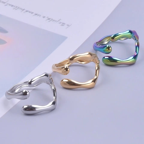 Anello Aperto Irregolare In Acciaio Inossidabile Metallo Liquido Regolabile Onda Organica Gioielli Minimalisti
