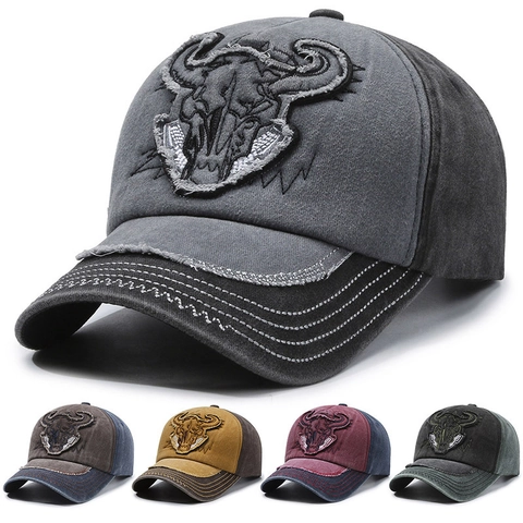 Cappello Da Baseball In Cotone Lavato Vintage Con Ricamo Teschio Di Toro Cappello Da Sole Retrò Regolabile Unisex