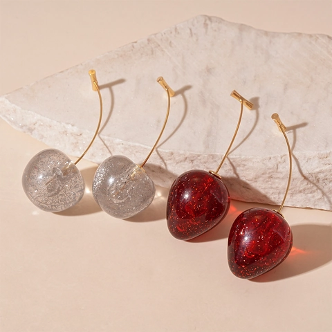 Boucles D'oreilles Pendantes En Forme De Cerise Avec Acryl Et Cuivre Bijoux De Fruits Pour Femmes Style Été Doux