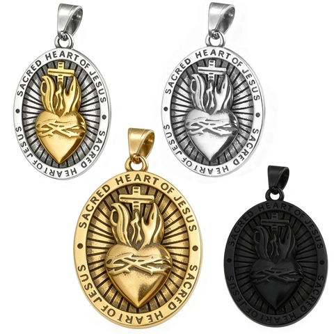 Collar Con Colgante Sagrado Corazón De Jesús Acero Inoxidable 316L Medalla Religiosa Ovalada Retro Cruz Corazón Joyería