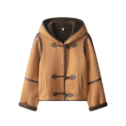 Giacca In Finta Pelle Scamosciata Da Donna Fodera In Lana D'Agnello Cappuccio Bottone Alamaro Cappotto