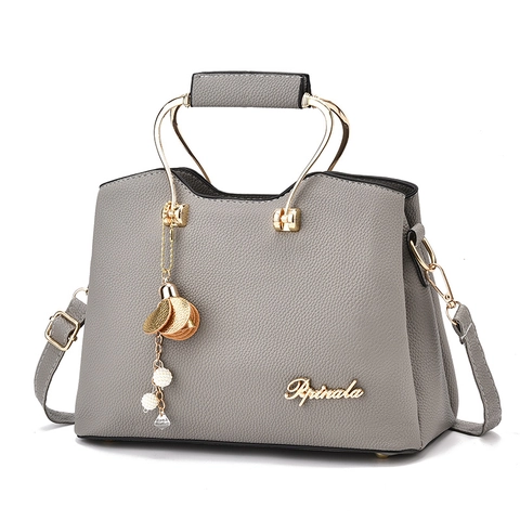 Women Handbag PU Leather Lychee Pattern Fashion Large Capacity Metal Handle Removable Shoulder Strap Flower Pendant