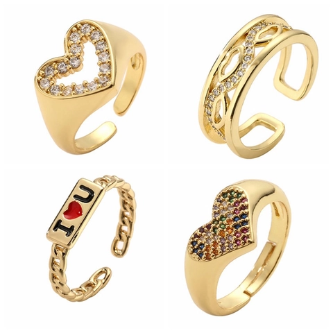 Fashion Heart Shaped Open Ring Copper Cubic Zirconia Gold Plated Adjustable Jewelry Love Letter Motif For Women