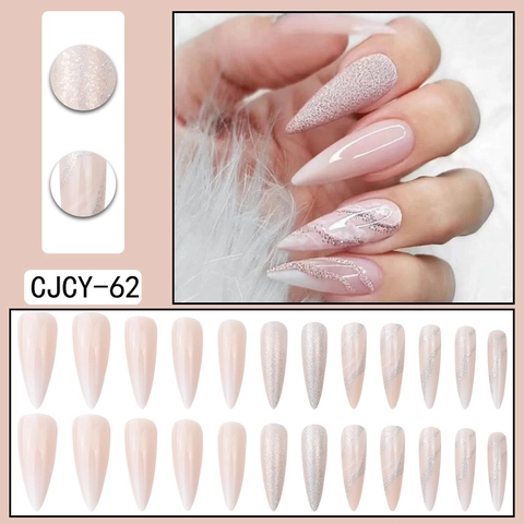 Unghie Finte Lunghe Stiletto Rosa Nude Glitter Argento Design Marmoreo Manicure Artificiale Elegante Per Donne