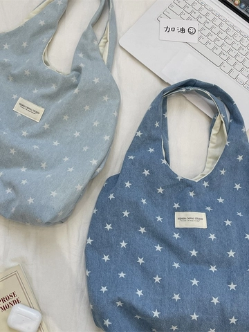 Sac Fourre-Tout En Denim Pour Femmes Doublure Popeline Imprimé Étoiles Grande Capacité Sac À Épaule Décontracté