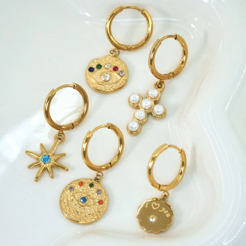 Hoop Earrings Stainless Steel Gold Plated Evil Eye Cross Star Artificial Pearl Zirconia Bohemian Jewelry For Women
