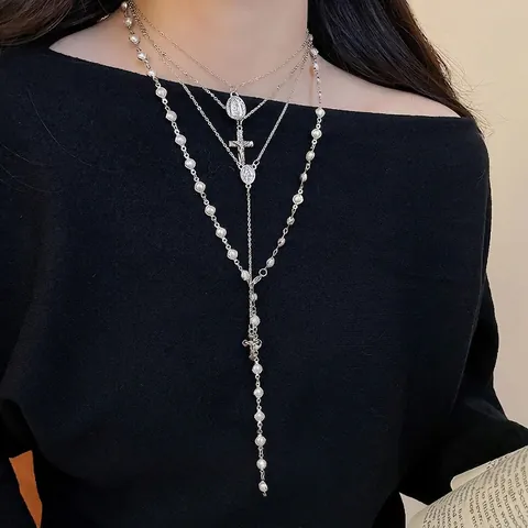 Multi Layer Halskette Legierung Imitat Künstliche Perle Kreuz Jungfrau Maria Anhänger Y2K Gothic Retro Religiöser Schmuck Damen