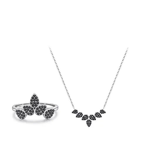 Elegante Blatt Halskette Und Ring 925 Sterling Silber Schmuck Mit Schwarzen Zirkon Wassertropfen Blütenblatt Design Damen