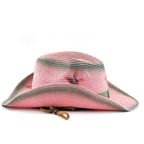 Roze Western Cowboy Strohoed Dames Y2K Sterpatroon Brede Rand Zonnehoed Strand Met Verstelbaar Touw Papierstro
