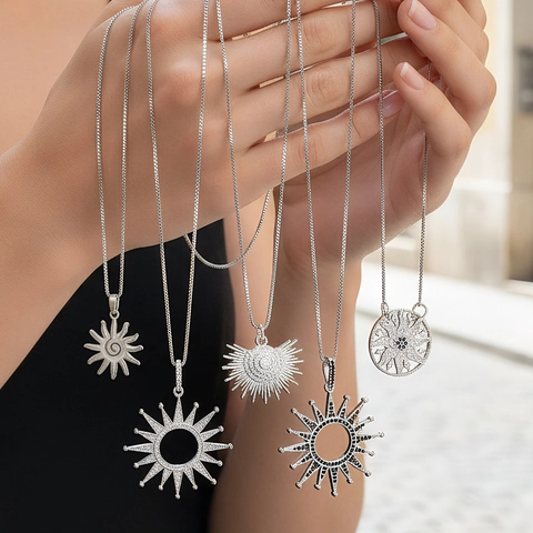 Punk Style Sun Octagram Pendant Necklace Copper Inlaid Zirconia Hollow Design Vintage Fashion Jewelry For Unisex Gift