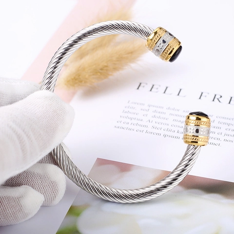 Bracciale Rigido A Cavo Intrecciato In Acciaio Al Titanio Bicolore Oro Argento Con Agata Nera Gioielli Regolabili Per Donna