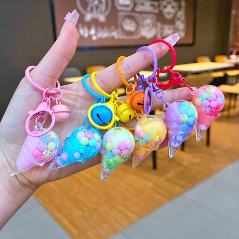 Portachiavi a Forma di Cono Gelato Carino Cartone Animato Sabbie Mobili Liquido Ciondolo Mini Borsa Fascino Con Campanello Donna Bambini Regalo