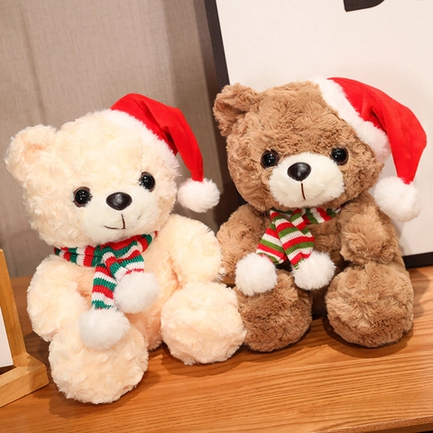 Christmas Teddy Bear Plush Toy With Santa Hat And Striped Scarf Soft Rose Velvet Xmas Holiday Decoration Gift For Kids