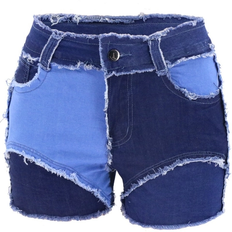 Pantalones Cortos Vaqueros Mujer Cintura Alta Patchwork Color Block Dobladillo Deshilachado Mezcla Algodón Streetwear Casual