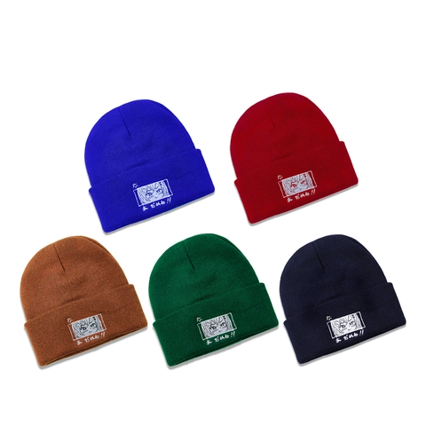 Anime Embroidery Knitted Beanie Hat Warm Winter Acrylic Streetwear Harajuku For Men And Women