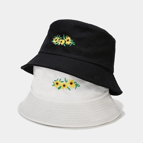 Sunflower Embroidery Cotton Canvas Bucket Hat Wide Brim Sun Protection Cute Casual Fisherman Cap For Women Girls